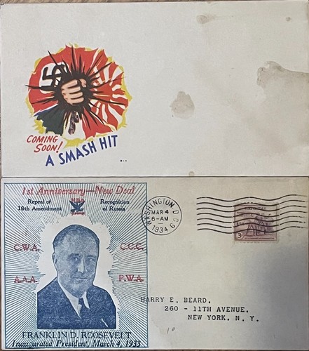 2x Vintage Envelopes World War II New Deal 1st Anniversary FDR 1934!