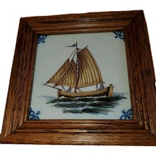 Vtg Blue Delft Tile Makkum Holland Sailing Ship Wood Framed Art 7"x7" Hand Paint