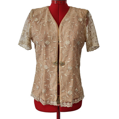  CLARA Vintage Style Short Sleeve Embroidery Glitter Yellow Beige Woman's Size M