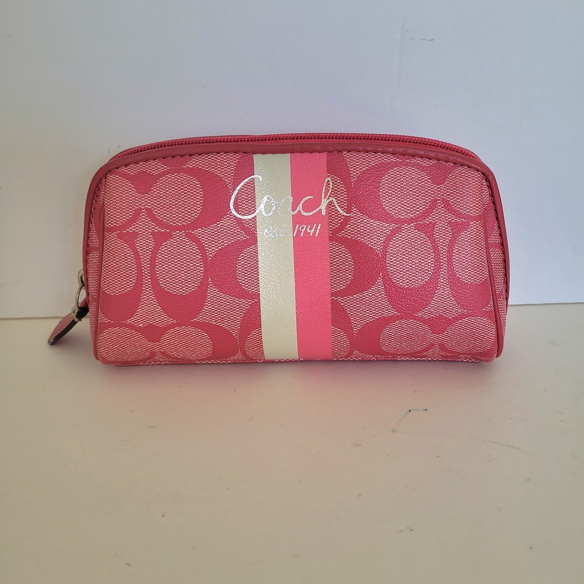 Coach Signature C Pink White Stripe Makeup Cosmetic Bag Pouch