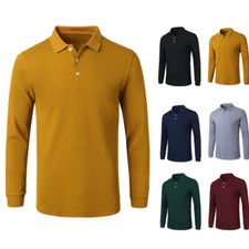 Mens Polo Shirt Jumper Long Sleeve T-Shirt Cotton Plain Golf Gym Shirts Tops