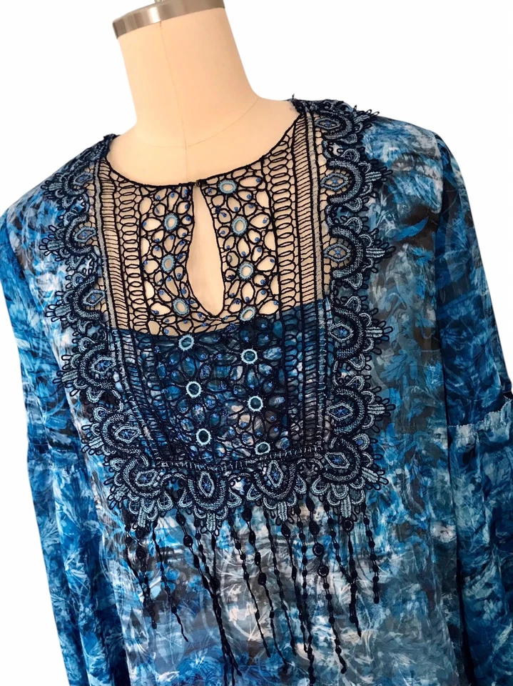 Túnica Elie Tahari Avan de seda de gasa Top ribete de encaje azul capricho hada para mujer talla M”