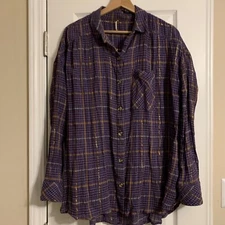 Free People Oversized Button Up Blouse Top Flannel Metallic Women Medium Pocket