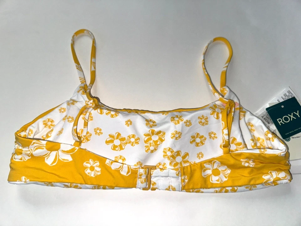 Top de biquíni feminino ROXY L amarelo branco FLOWER LOVER RVSBLE surf natação praia novo - Imagem 2 de 4