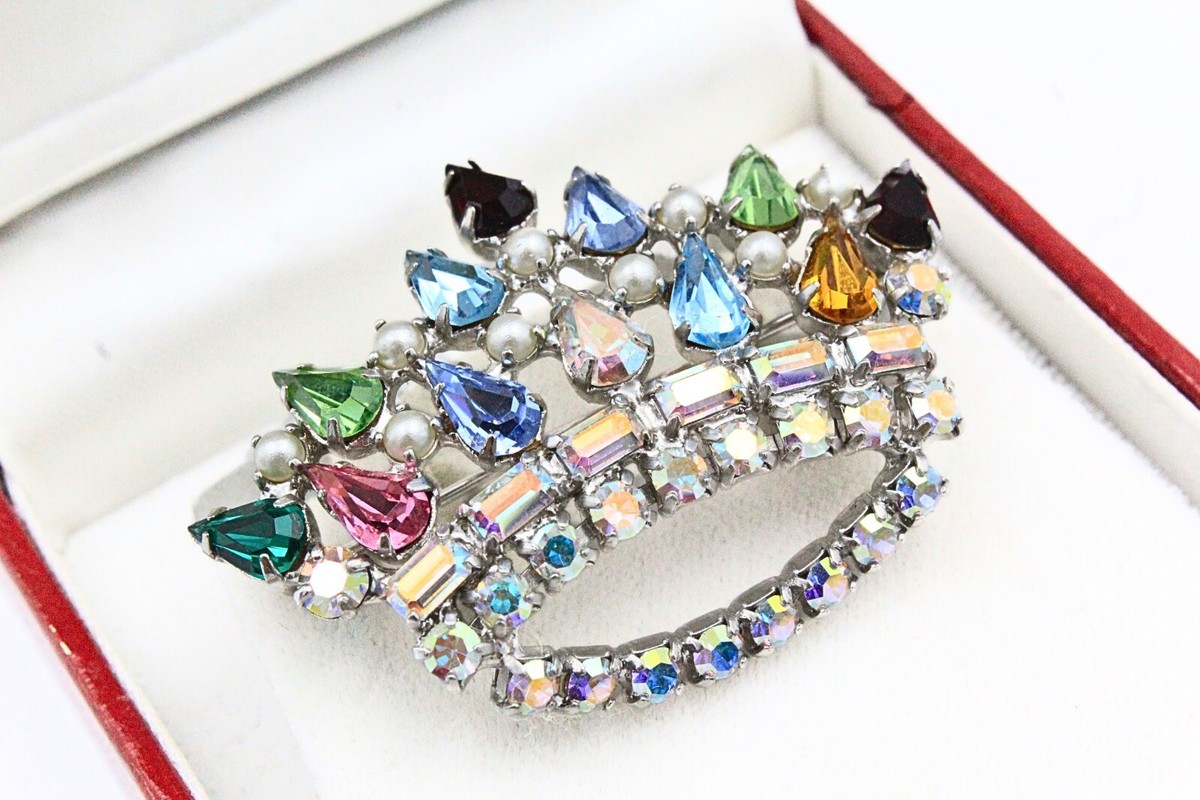 Adorable Signed B David Multi-Color Rhinestone AB Crystal Crown Brooch View 2