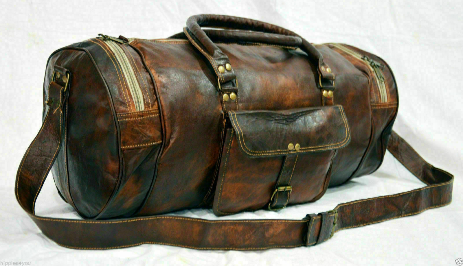 Men's Large Leather Round Duffle Bag for Travel Gym & Weekend Overnight-image