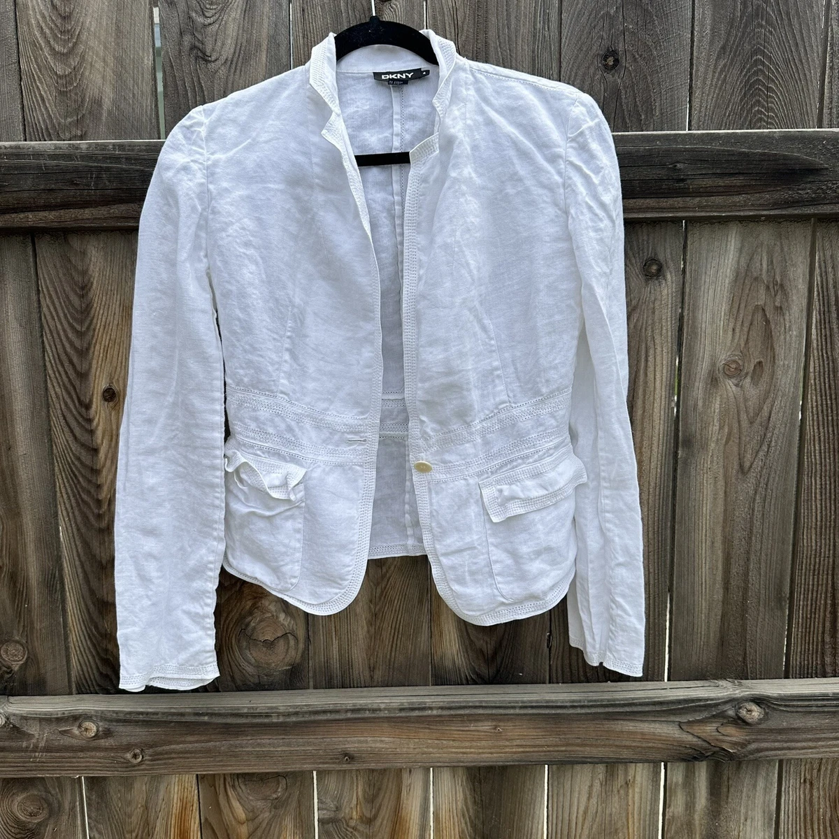 DKNY Linen One Button Embroidered Blazer Jacket With Pockets White