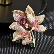 Luxury Pink Lotus Flower Brooch with Crystal Accents