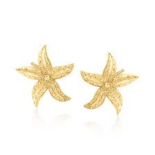 3D Textured Starfish Stud Earrings Push Back Post Real Solid 14K Yellow Gold