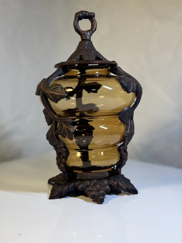 Hand Crafted Blown Caged Art Glass Amber  Light Fixture Globe Grape Vintage 8.75 - Image 3 of 4