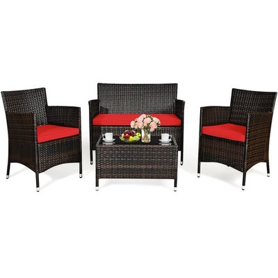 4PCS Rattan Patio Furniture Set Cushioned Sofa Chair Coffee Table Red