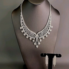 Rhinestone Necklace Earrings Set Bib Dangle Silver Tone Bridal Wedding Prom
