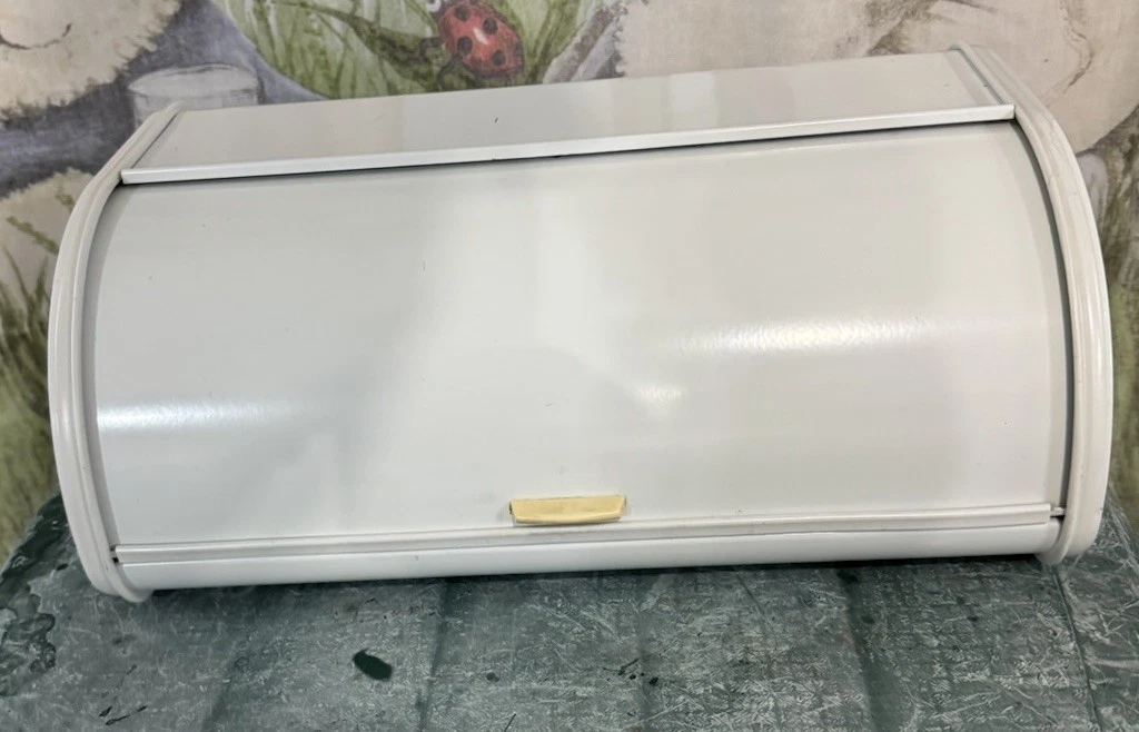 Vintage 80s breadbox white roll top 7" tall 17.5 wide 10" side