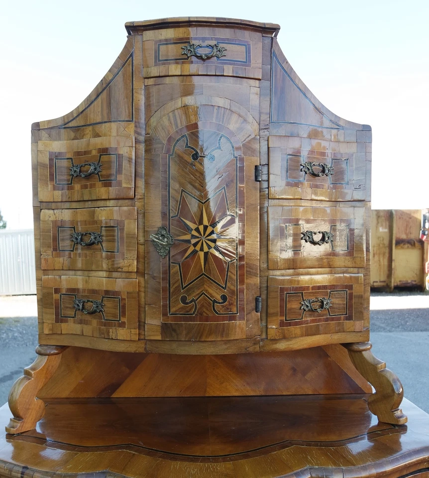 Antik Barocker Tabernakel Intarsien Funier Nussbaum Museal Sekretär Schrank 1850 - Bild 2 von 4