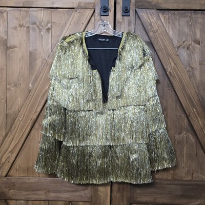 Nasty Gal Collection Gold Metallic Fringe Jacket Tiered Long Sleeve Party US 8
