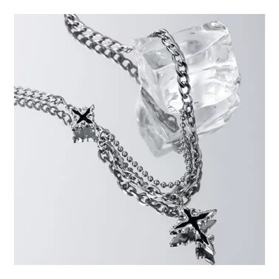 Silver 316 Stainless Cross Necklace Black Star Pendant Unisex Stack Jewelry