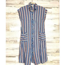 Monteau Womens M Striped Linen-Blend Button-Up Midi Shirt Dress Short Sleeve