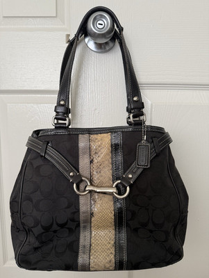 Coach Signature Logo Shoulder Bag Black Snakeskin Accent Pink Lining Zip Top