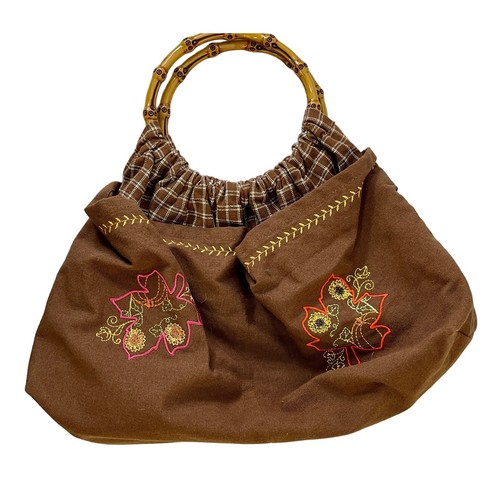 Sac à main fausse poignée bambou feuille d'automne citrouille broderie tissu marron rétro - Photo 3/5