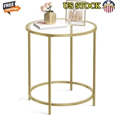 Round Side Table Glass End Table w/ Gold Coffee Table Metal Frame for Home US