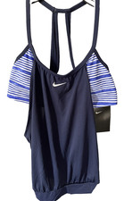Nike Womens tankini blue white striped swimsuit top size small new 