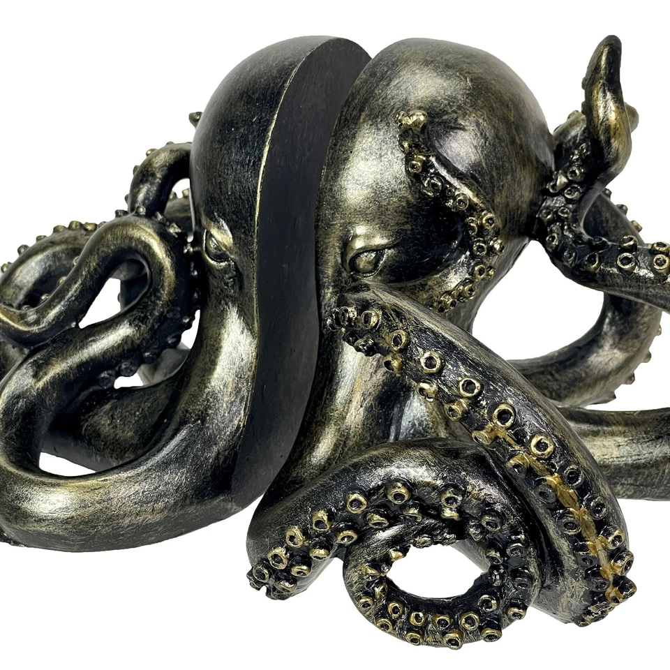 Bronze Octopus Bookends Set of 2 Nautical Polyresin Coastal Shelf Decor - Image 3 of 4