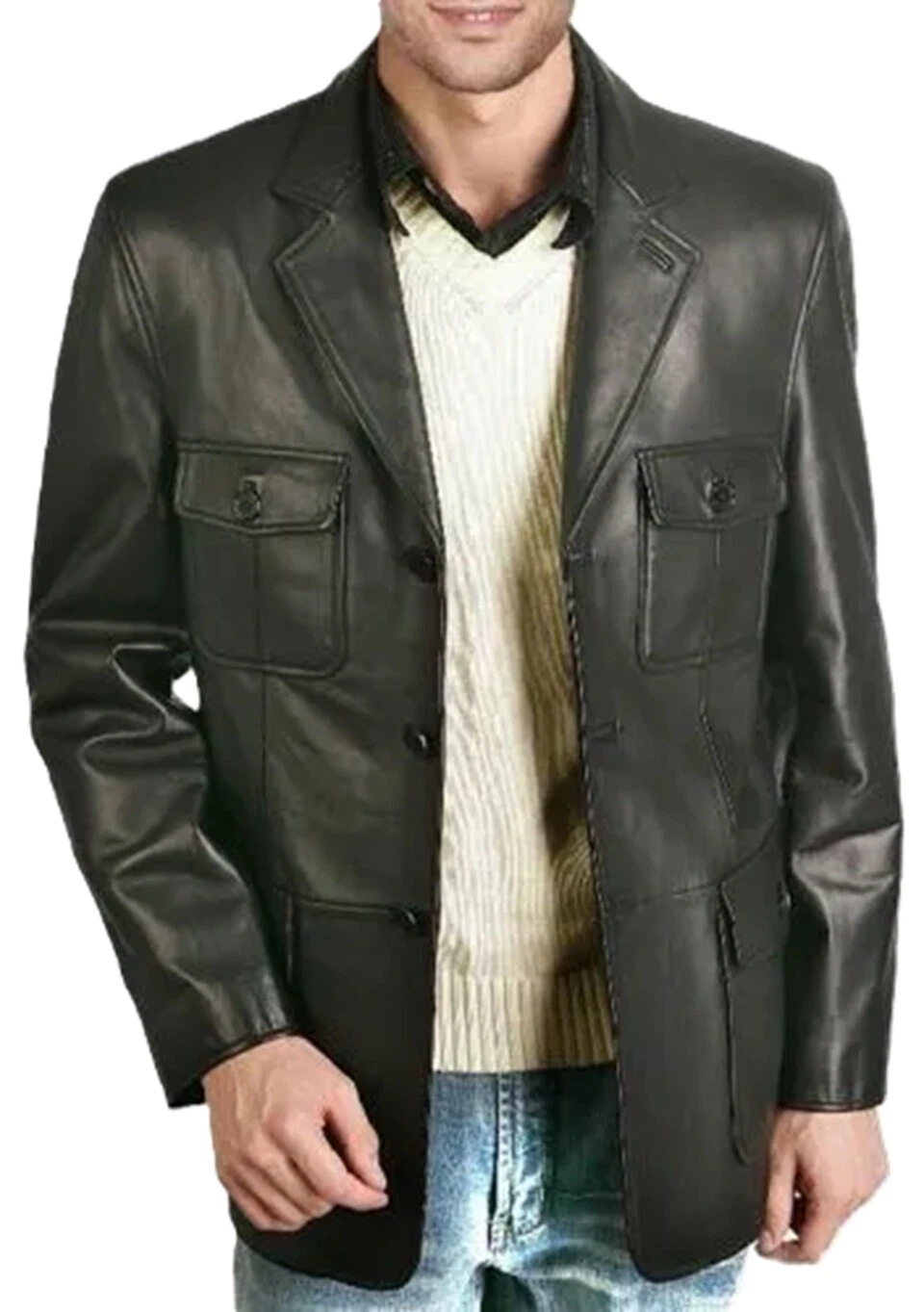 Men 100% Genuine Lambskin Leather Blazer Black Two Button Casual Wear Suit Coat