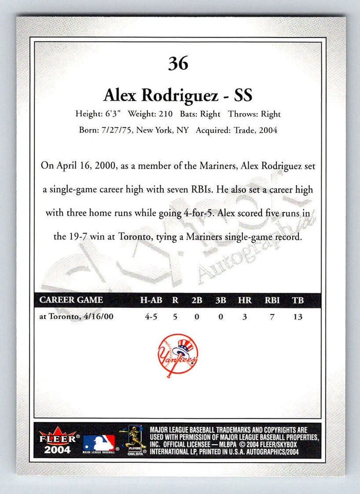 2004 SkyBox Autographics #36 Alex Rodriguez Yanks - Image 2 of 2