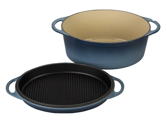 Le Creuset Cast Iron 28cm Oval Casserole with Grill Lid-Marine