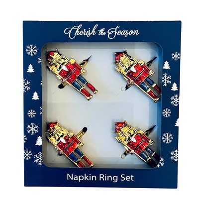 Christmas Nutcracker Napkin Rings Set of 4 Holiday Red Navy Gold 2.5in New 