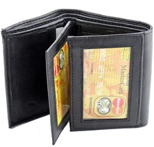 New Mens Black Leather Trifold Wallet ID Window Credit Card Case ID Holder Purse