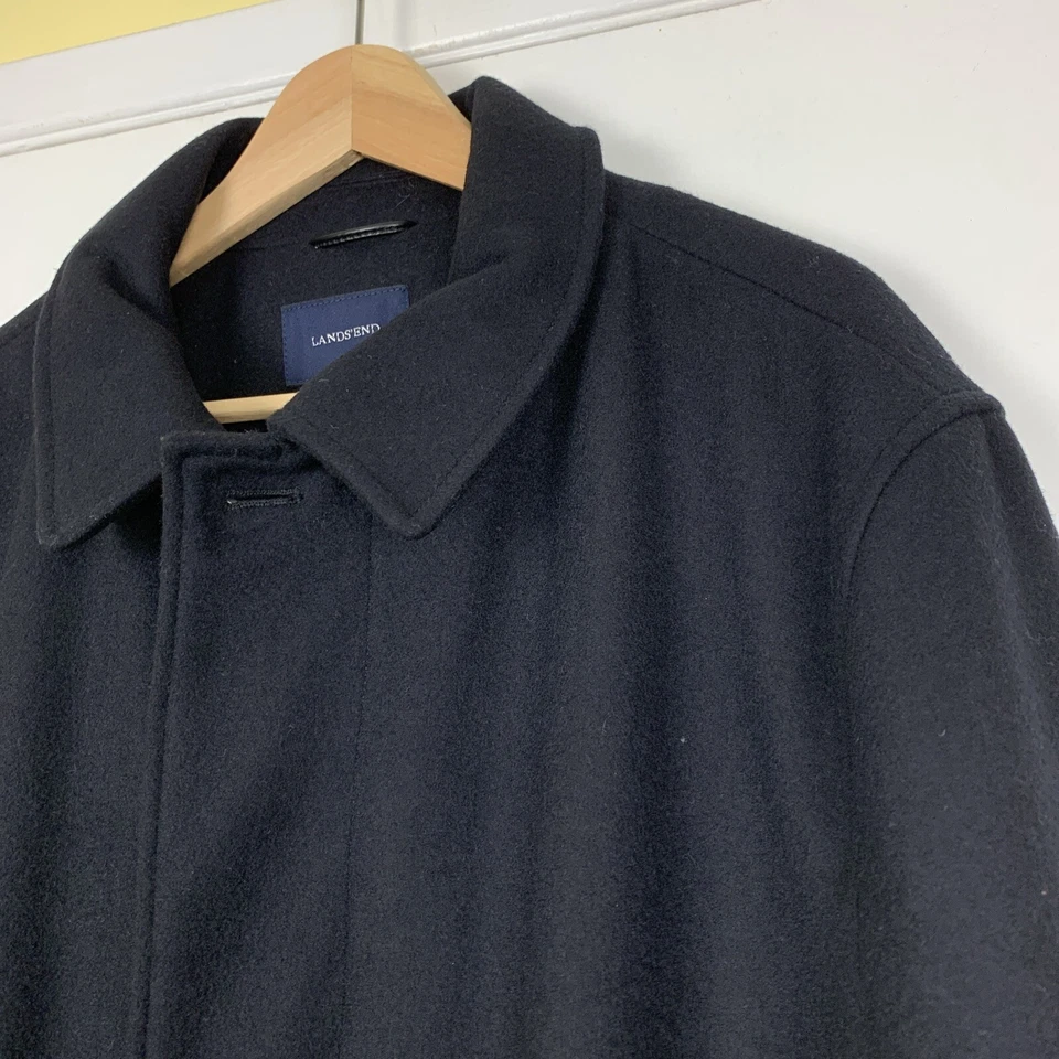 Abrigo para Hombres LANDS’ END L Negro Lana Mezcla Cachemira Botón Oculto Delantero Nuevo sin Etiquetas Foto 3 de 4