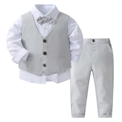 Groom Childrens Grey Trousers Wedding Toddler Boys Gentleman Suit Bow Tie  Dress Shirt Vest Pants Wedding
