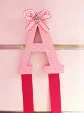 NEW Pink Glitter Girl's Name Initial HAIR BOW Barrette Hanging Organizer Holder