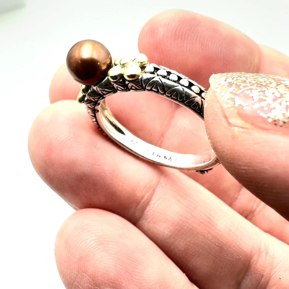 Anillo banda Barbara Bixby para mujer perla marrón plata de ley oro de 18 quilates talla 8 Foto 3 de 3