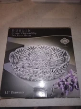 Godinger Dublin Crystal 12" Chip and Dip Two Piece Server In Box