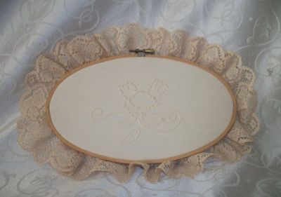Gorgeous Handmade Needlepoint Bird in Oval Frame w/Lace Edging