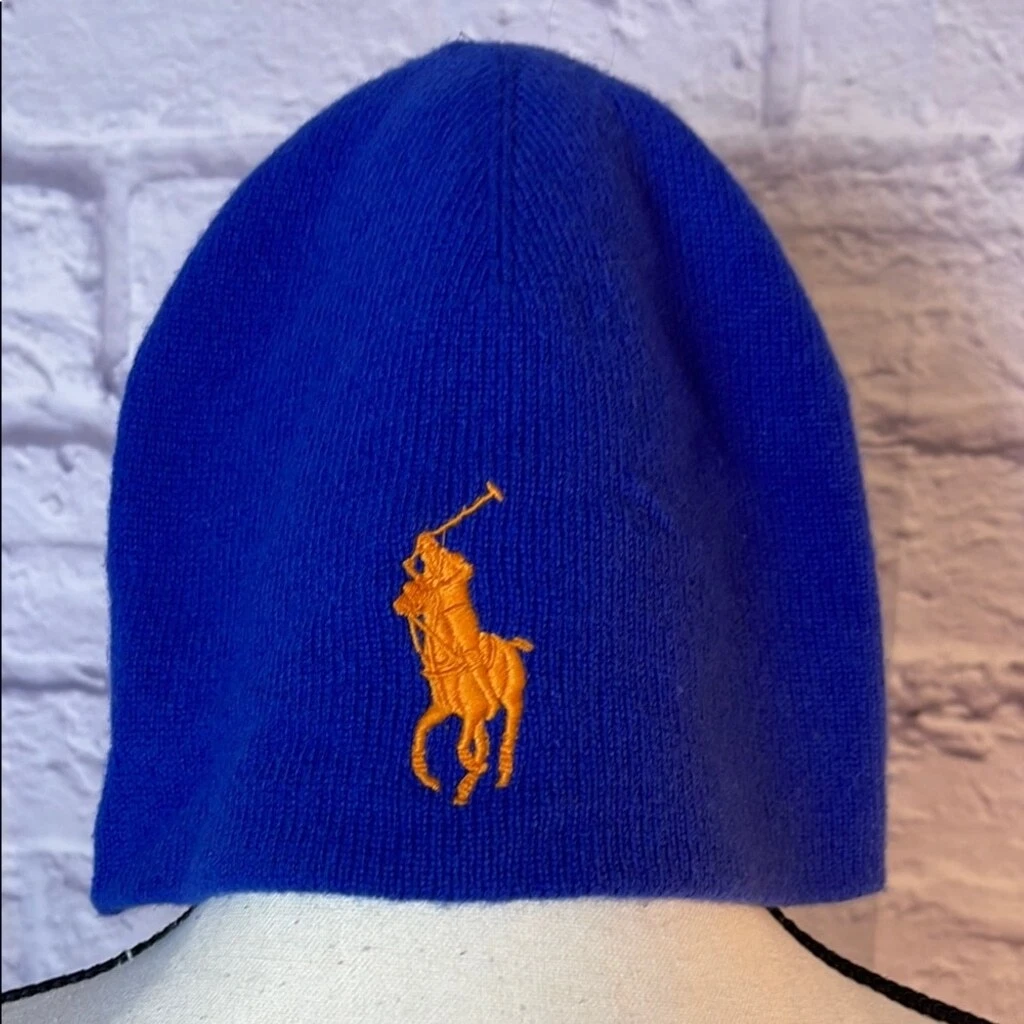 Trendy & Classic Polo Ralph Lauren Royal Blue Beanie Hat Big Pony Orange Logo
