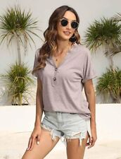 Womens Tshirts V Neck Short Sleeve Buttons Tops Tee Solid Color Blouse Loose