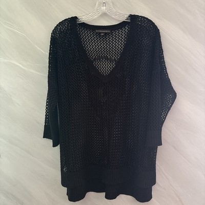 Black XL Open Knit 3/4 Sleeve Hi-Low Hem w/ Skull On Back Sweater Gothic