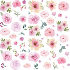 60 Pcs Flower Peel and Stick Wall Decals Watercolor Vinyl Peony Floral and Leave