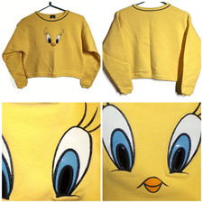 VTG 1997 Warner Brothers Tweety Bird Sweatshirt L Yellow Cropped Crewneck 3D USA