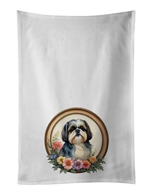 Shih Tzu and Flowers Kitchen Towel Set of 2 White Dish Towels Decorative