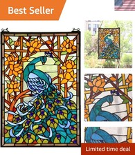 Exquisite Tiffany Peacock Stained Glass Window Panel - 15" W x 23" H