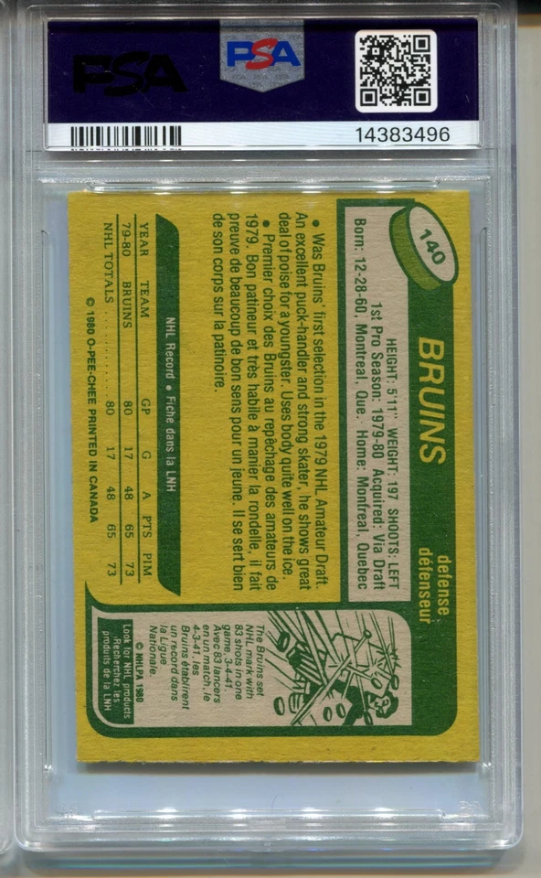 1980 OPC Ray Bourque Rookie Card PSA 8 NM MINT Graded O-Pee-Chee Hockey #140 - Image 2 of 2