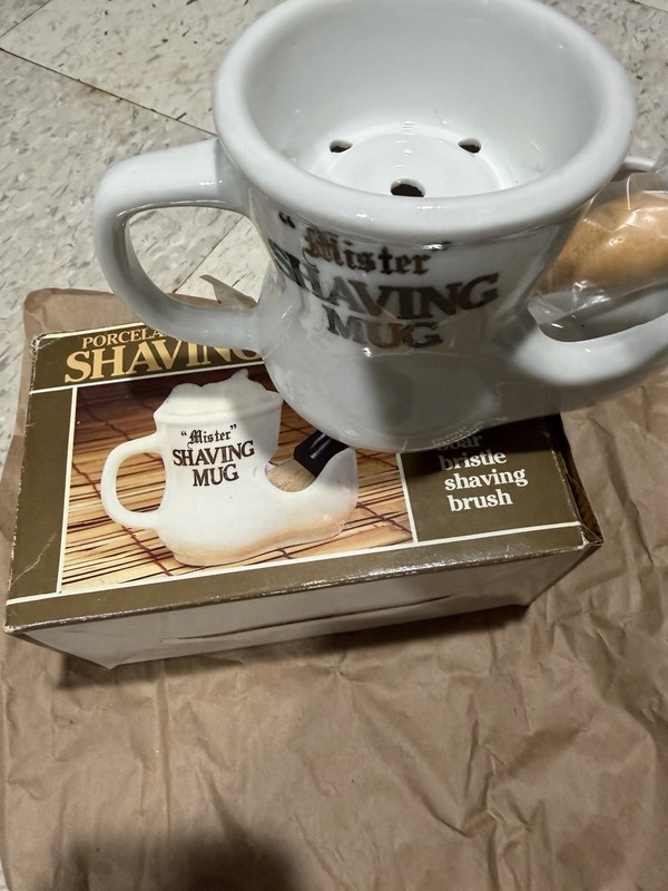 NEW Mister Shaving Mug Boot White Porcelain Mustache Cup Shaving Brush Rubberset