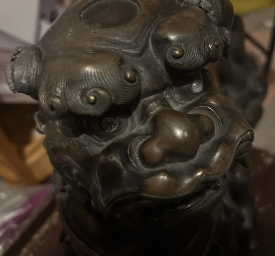 Quemador de incienso Foo Dog bronce Meiji 20 libras ojos de vidrio raros Foto 2 de 4