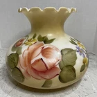 Vintage Hand-painted Milk Glass Shade Ruffled Top Gold Tone With Floral Rose