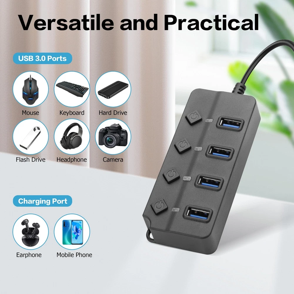 90 Degree USB 2.0 Hub Splitter with LED Indicators by YACSEJAO