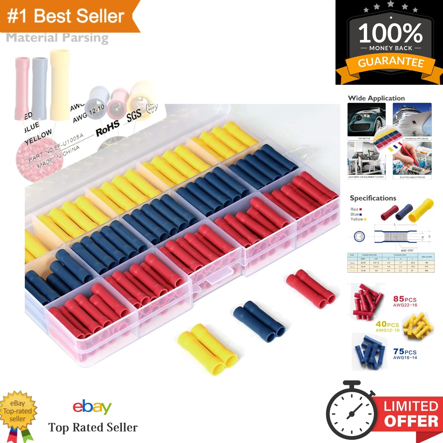 Comprehensive Butt Splice Crimp Connector Set - 200 Fully Insulated Terminals